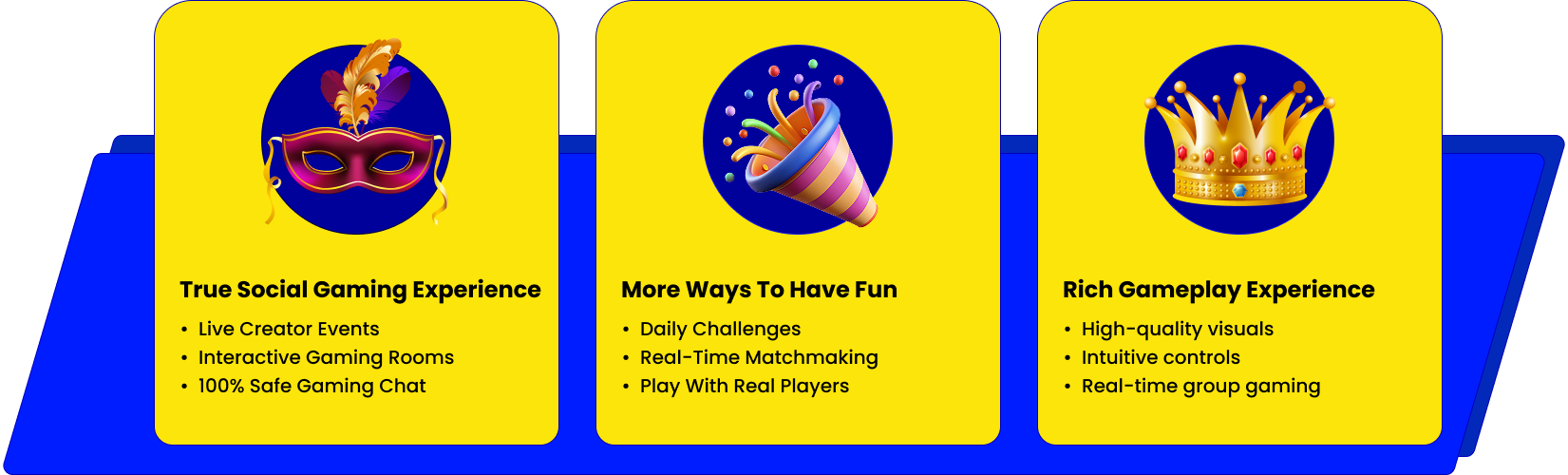 Zuvo Feature Cards - True Social Gaming Experience, More Ways To Have Fun, Rich Gameplay Experience